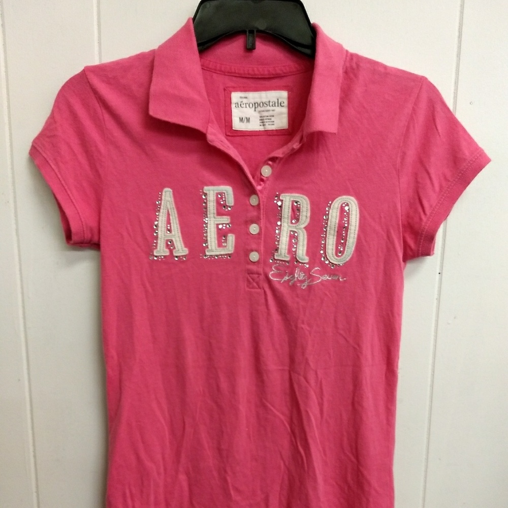 Aero Pink Polo w/Rhinestone Logo Sz medium